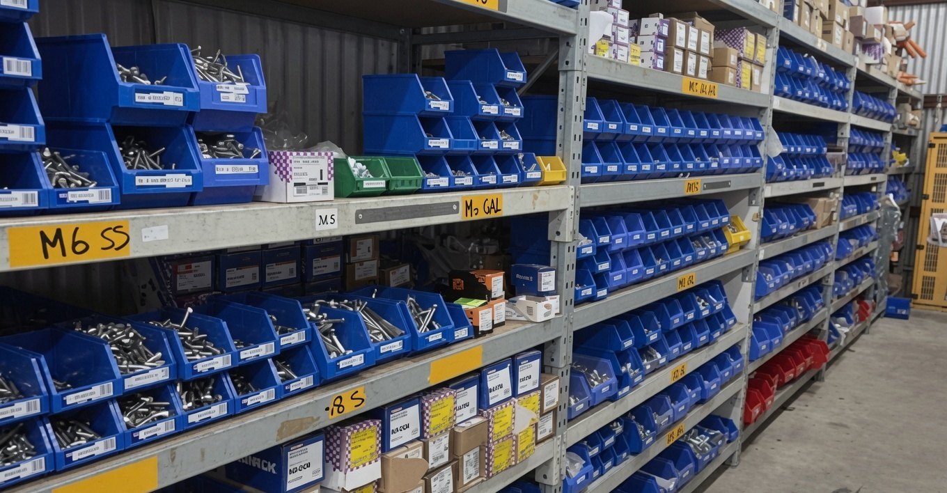 Racked fastener bins in the MEGAFIX warehouse