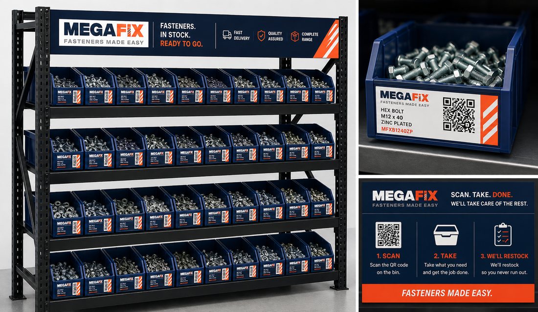 MEGASTORE rack with QR-labelled bins: scan the code, take what you need, we restock