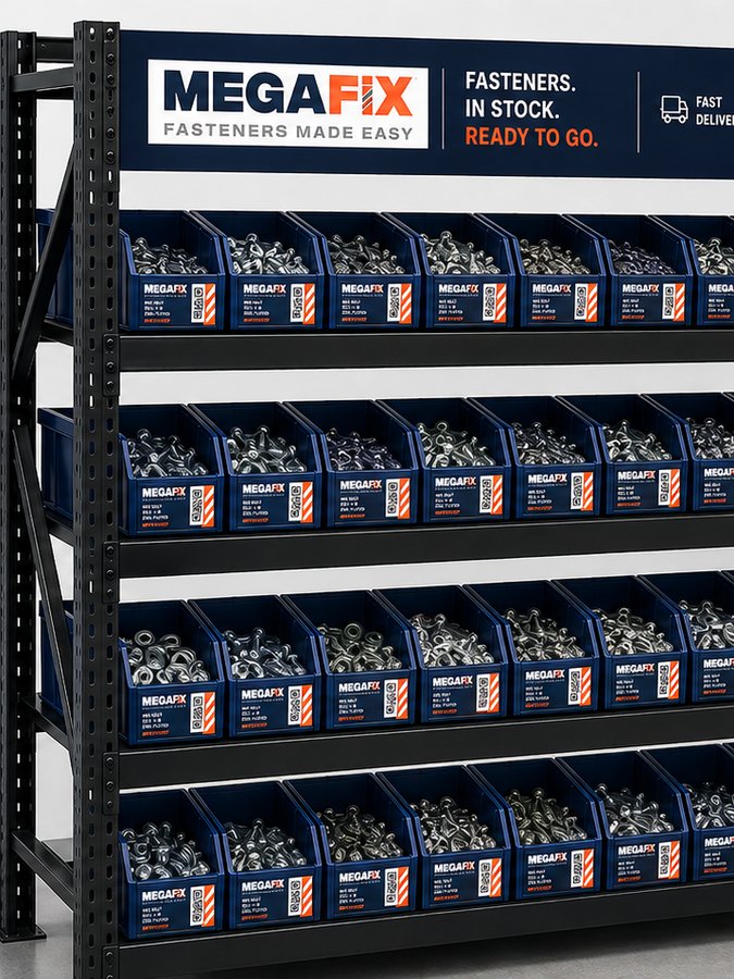 MEGASTORE rack with QR-labelled MEGAFIX bins